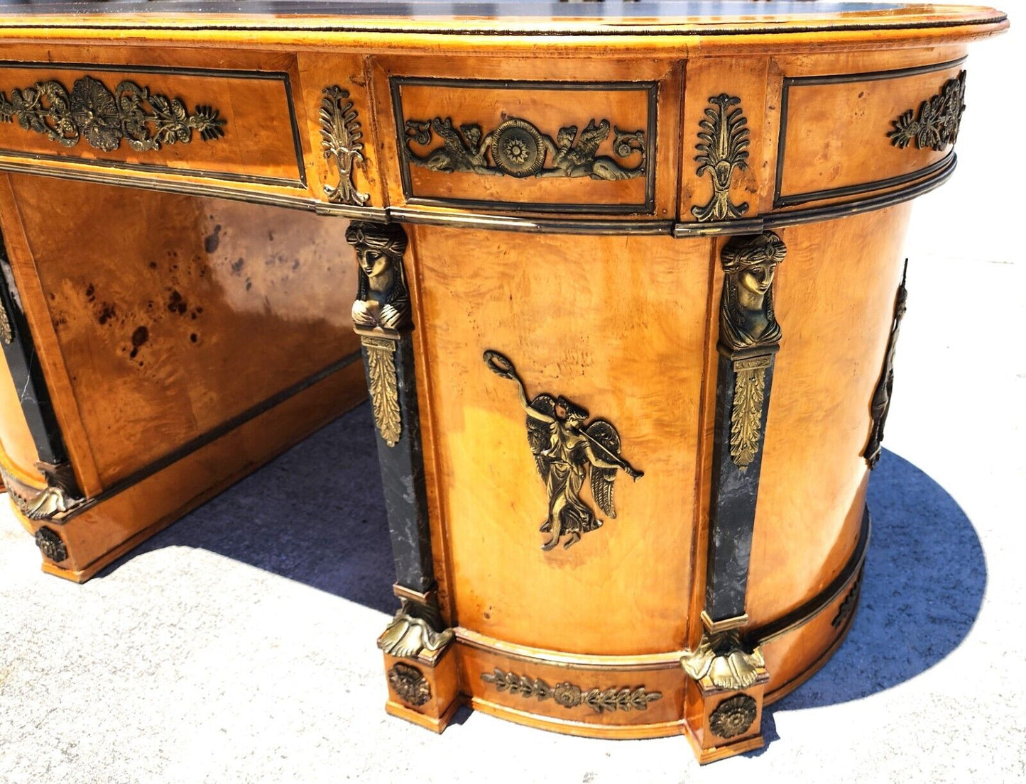 French Louis XV Style Ormolu Olive Birdseye Maple Desk