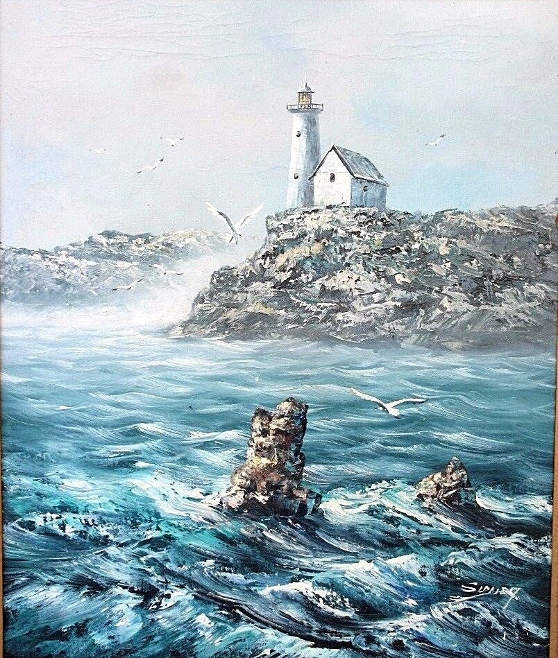 Vintage 3D Impasto OIL CANVAS Painting LIGHTHOUSE SEASCAPE Signed " Sidney "