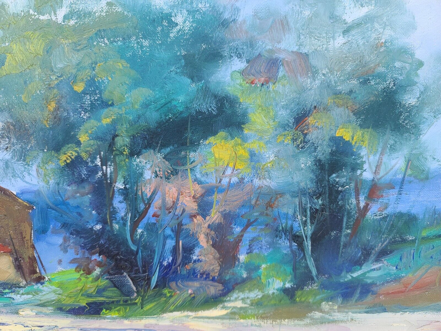 Vintage Signed Cityscape Village Landscape Oil Painting Framed