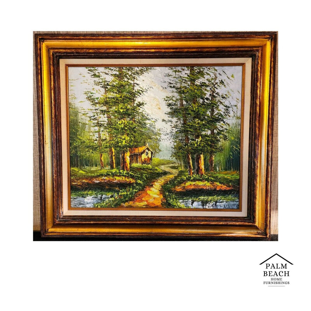 Landscape Oil Painting Signed DORFMAN Vintage Cabin in Woods