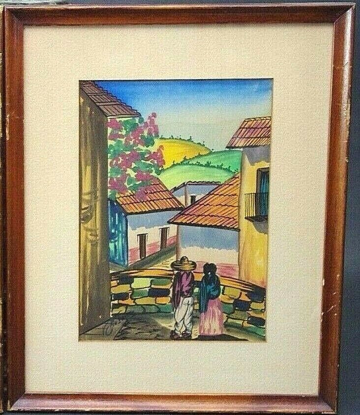 Vtg Mid Century Gouache Watercolor Signed By G Rosales (Mexican) Village