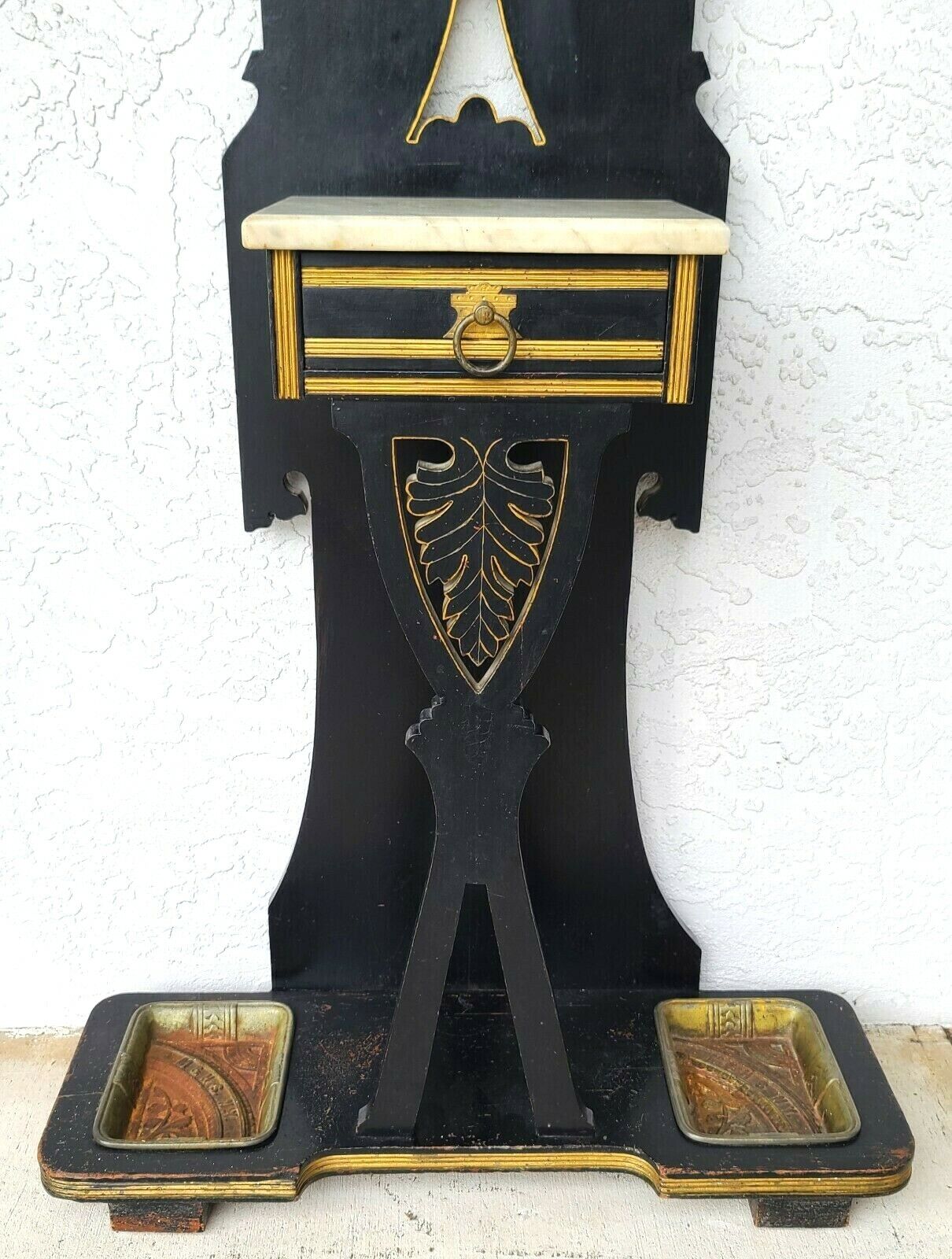 Antique M & H Solid Wood Hall Tree with Marble Top and Drawer