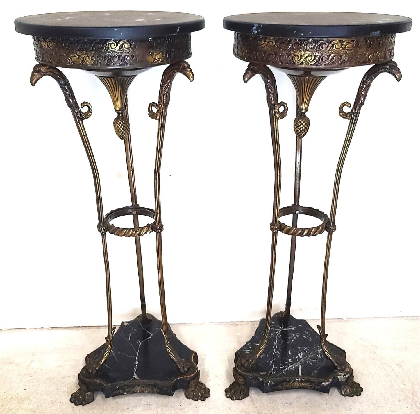 Antique Grand Entrance Italian Brass Griffins & Marble Display Stands - A Pair