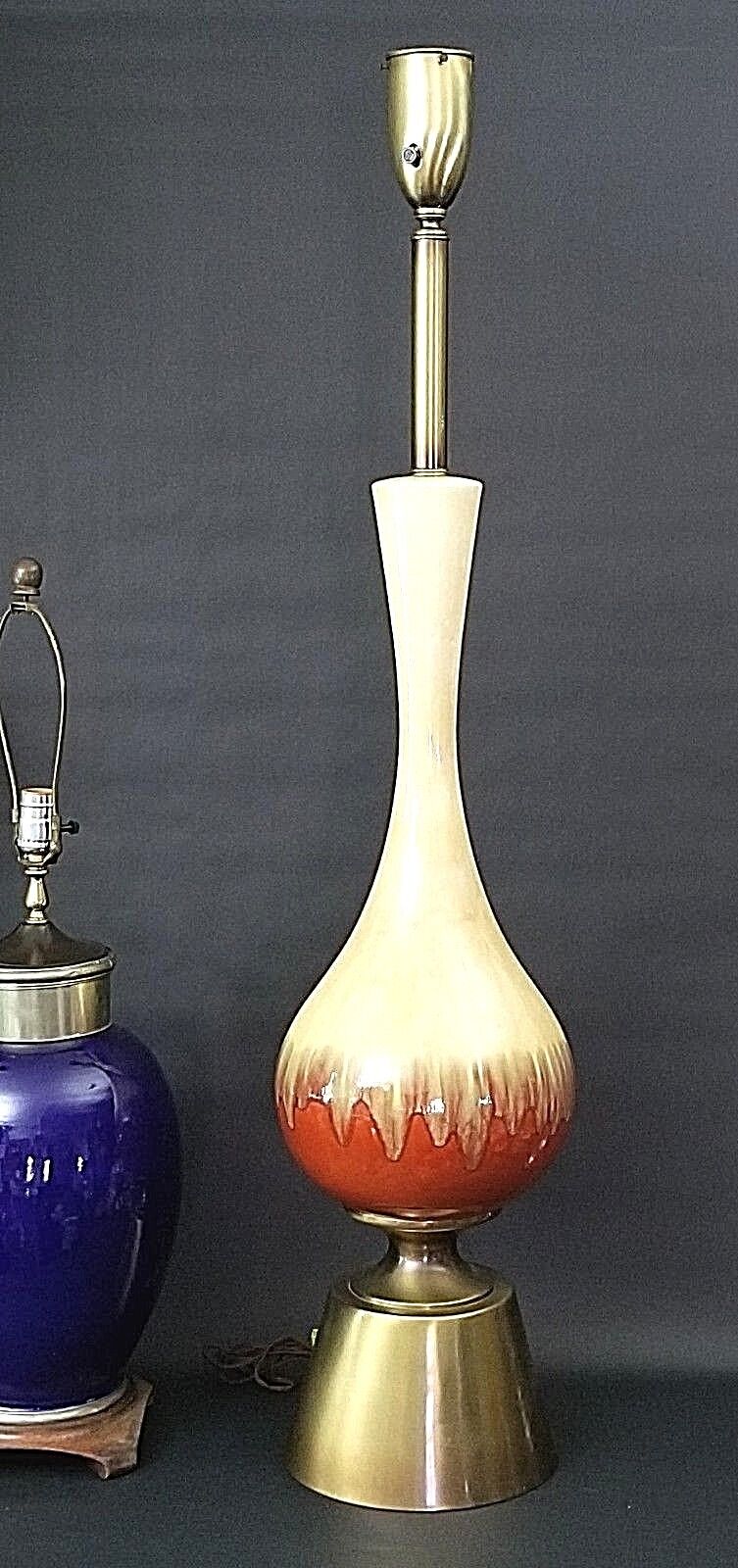 Huge 49" Vintage Torchier Floor Table Lamp Ceramic & Metal Drip Glaze