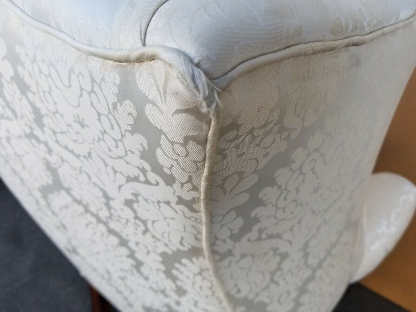 Vintage Chippendale Wingback White Brocade Satin Cotton and Down Armchair