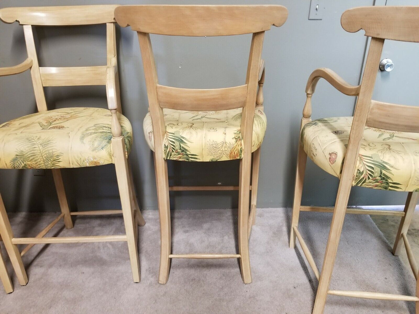 Set of 4 Tall WILLIAM SWITZER Country French Lacquered Light Wood Bar Stools