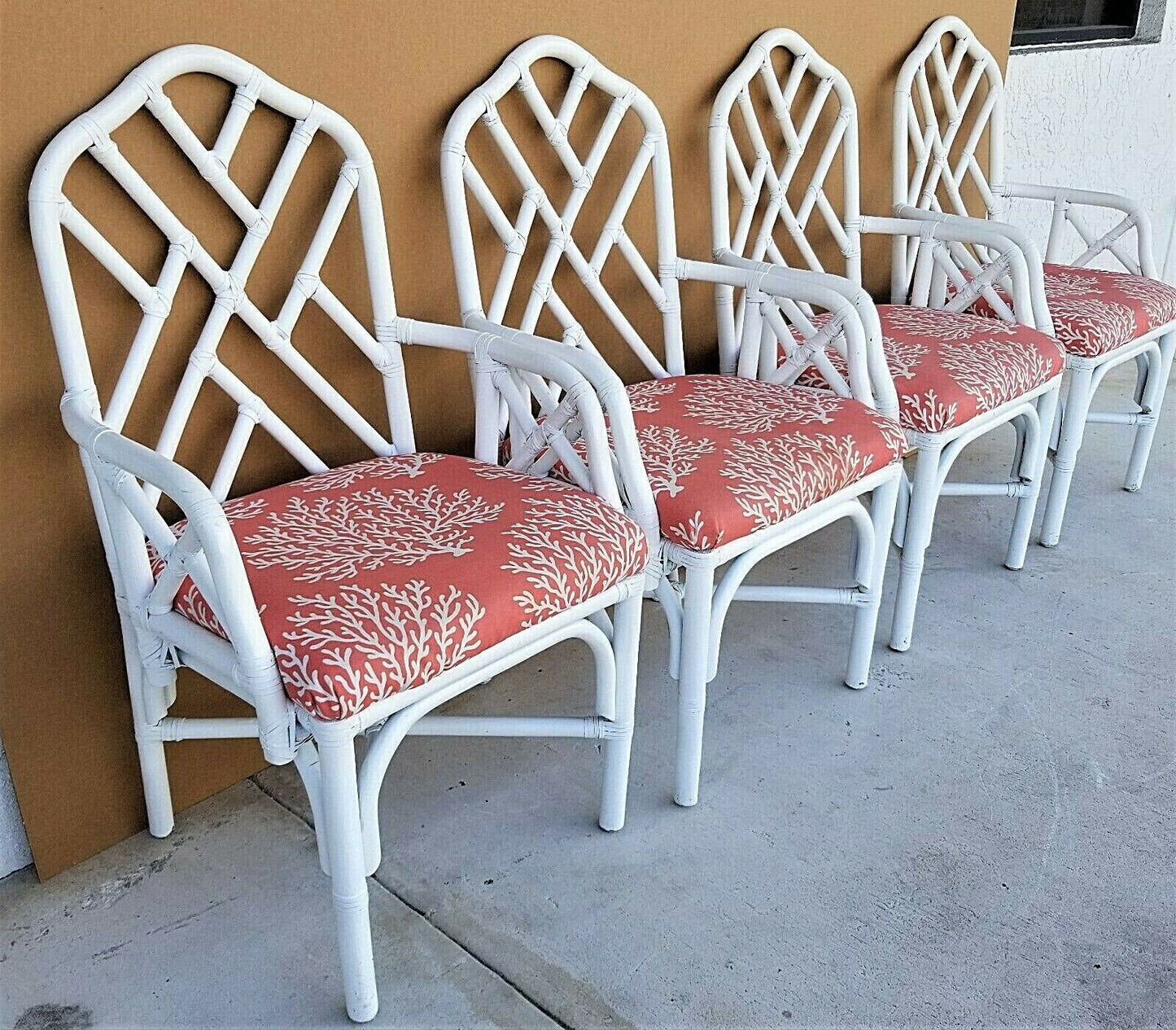 (4) McGuire Style Boho Rattan Dining Armchairs