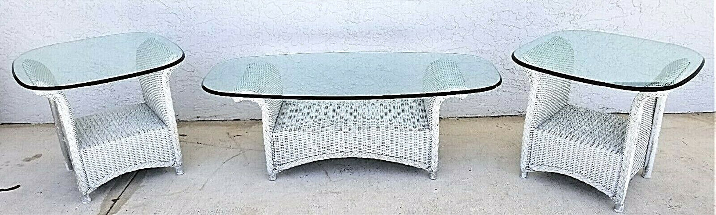 Vintage Set Of 3 LLOYD FLANDERS Loom Wicker Tables w Glass