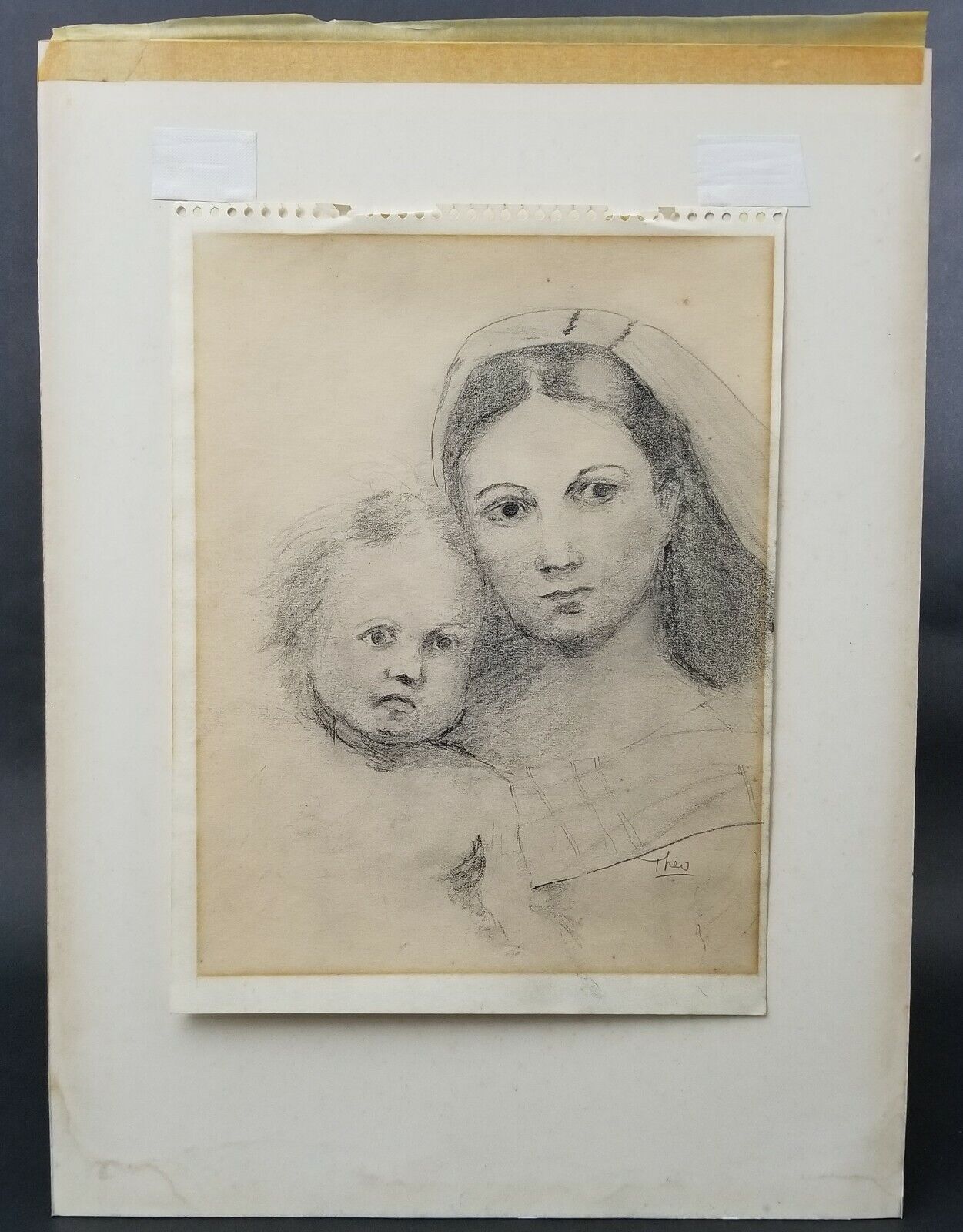 Original Theo Van Doesburg Pencil Signed Drawing of Madonna and Child