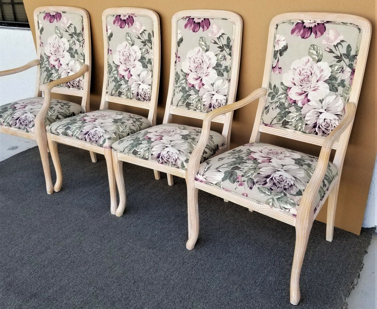 Carved Blonde Solid Wood Chintz Roses Dining Chairs - Set of 4