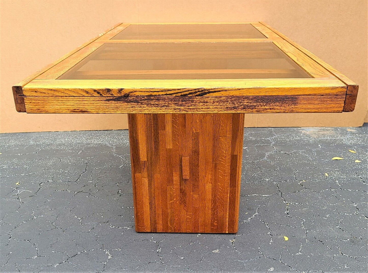 MCM Vintage Solid Teak Smoked Glass Extendable Pop Up Leaf Dining Table