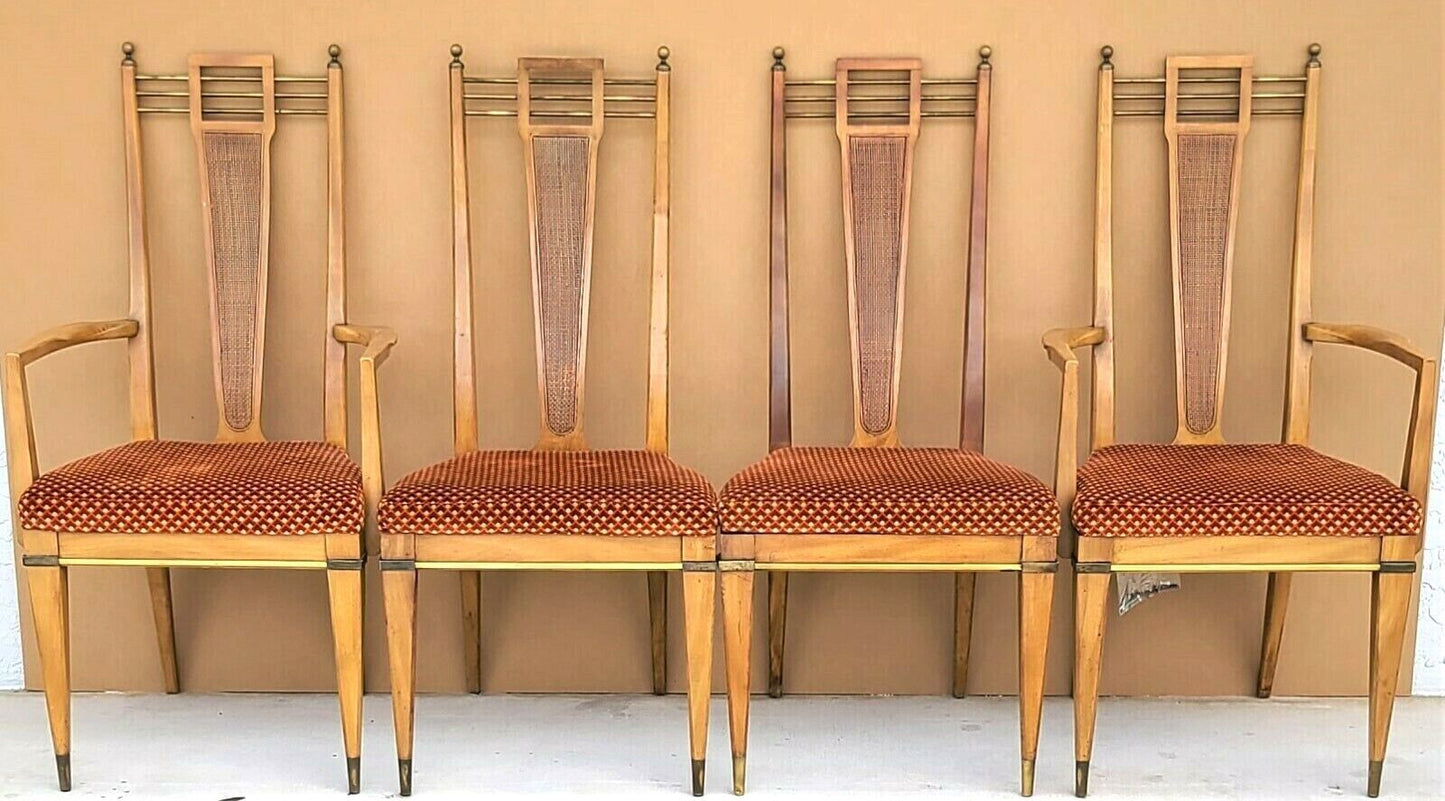 Set of 4 1950's MCM J L METZ Brass Solid Wood & Cane Dining Chairs