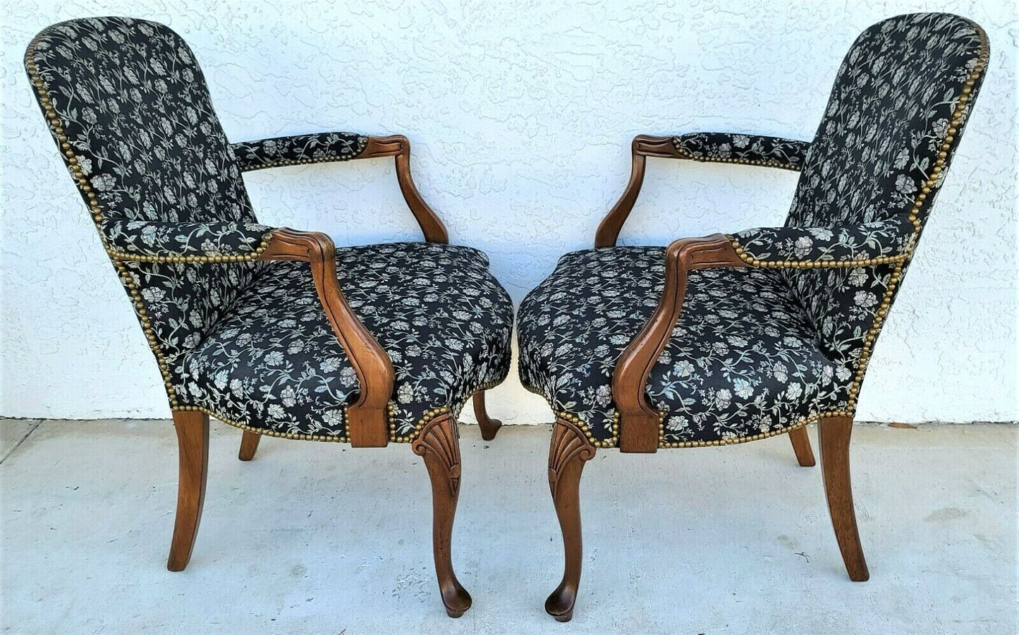 Vintage French Country Provincial Walnut Fauteuil Armchairs - A Pair