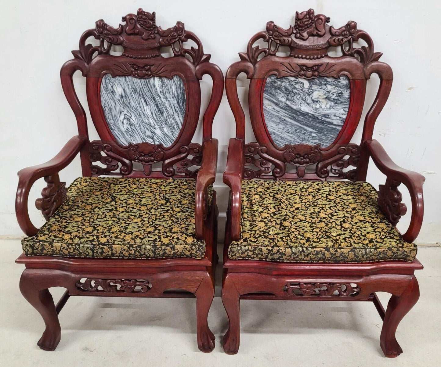 Mid Century Chinese Asian Rosewood & Marble Armchairs - A Pair