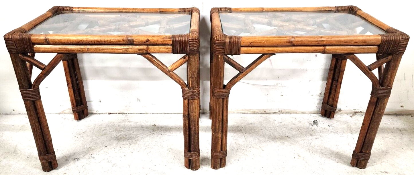 Vintage French Bamboo Rattan Glass Side Tables 1960s - A Pair