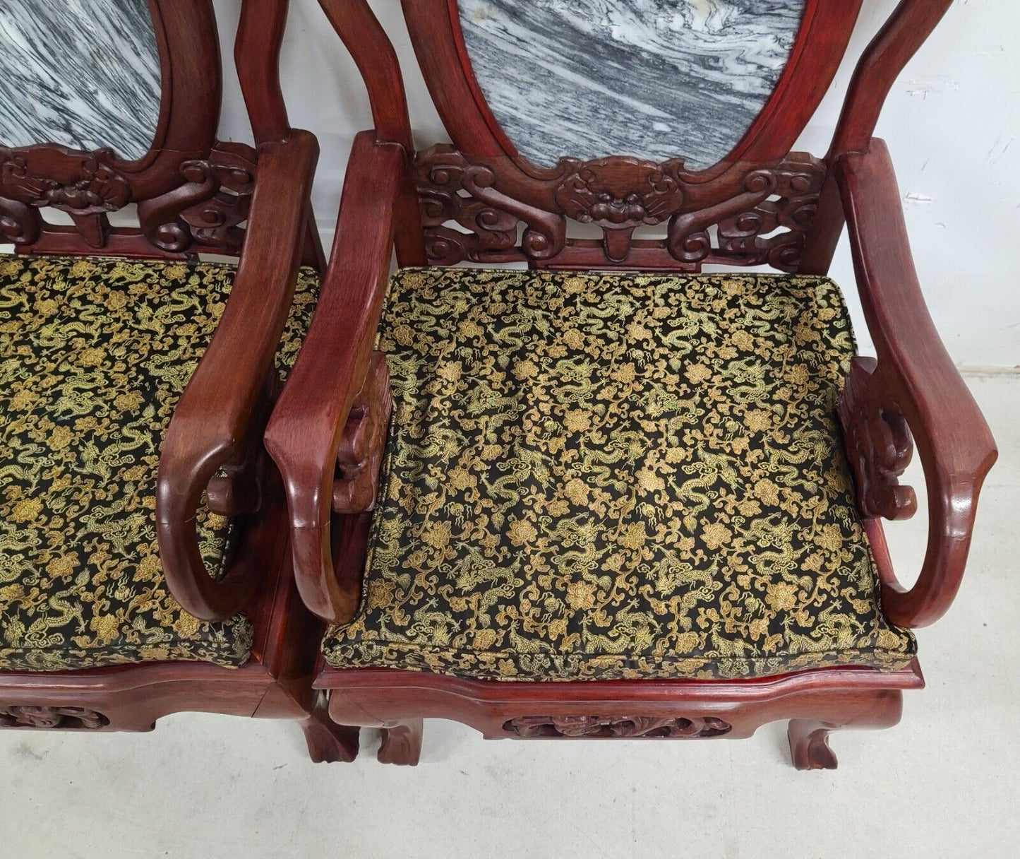 Mid Century Chinese Asian Rosewood & Marble Armchairs - A Pair