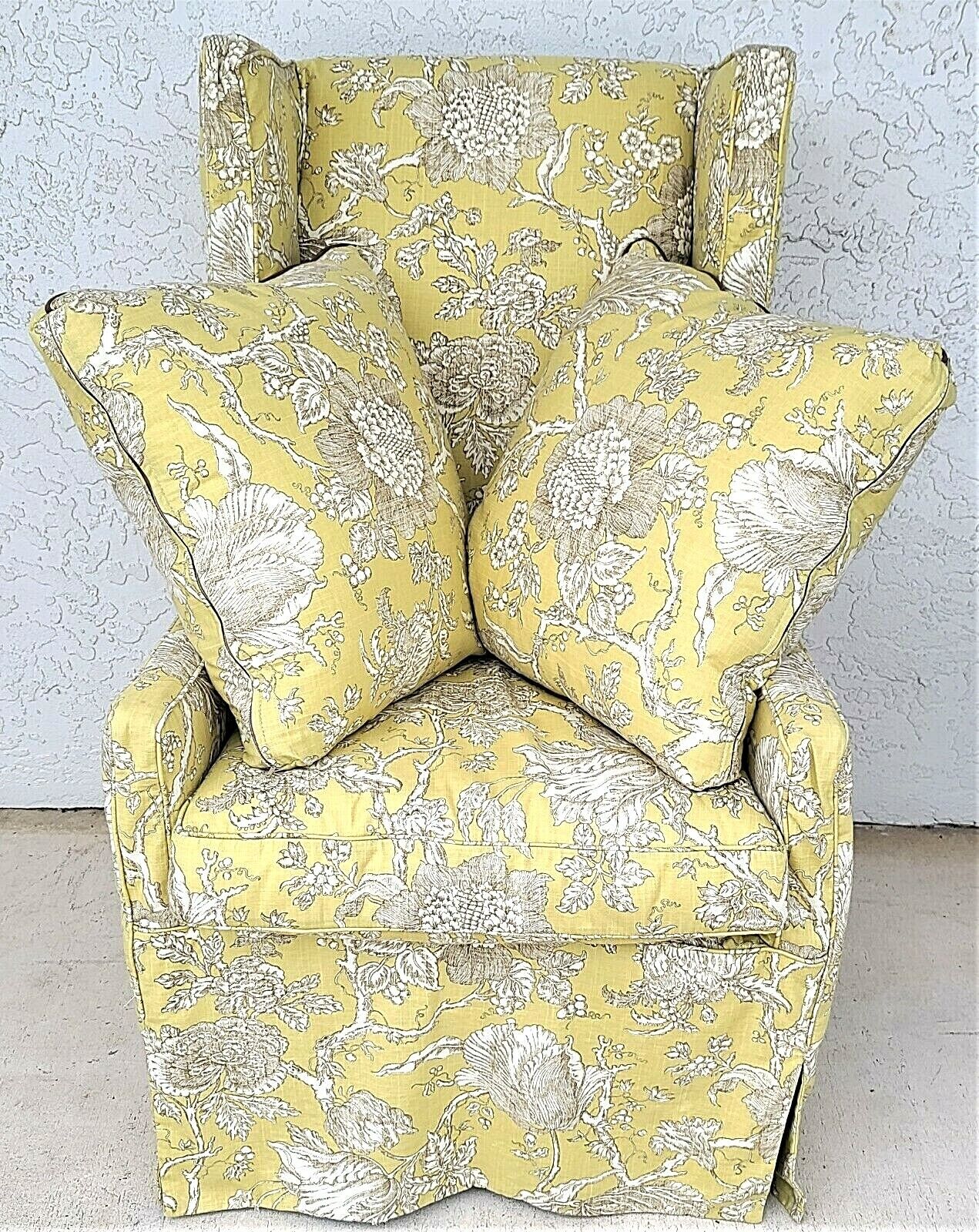 LEE INDUSTRIES Cotton Linen Asian Floral Slipcovered Wingback Armchair w Pillows