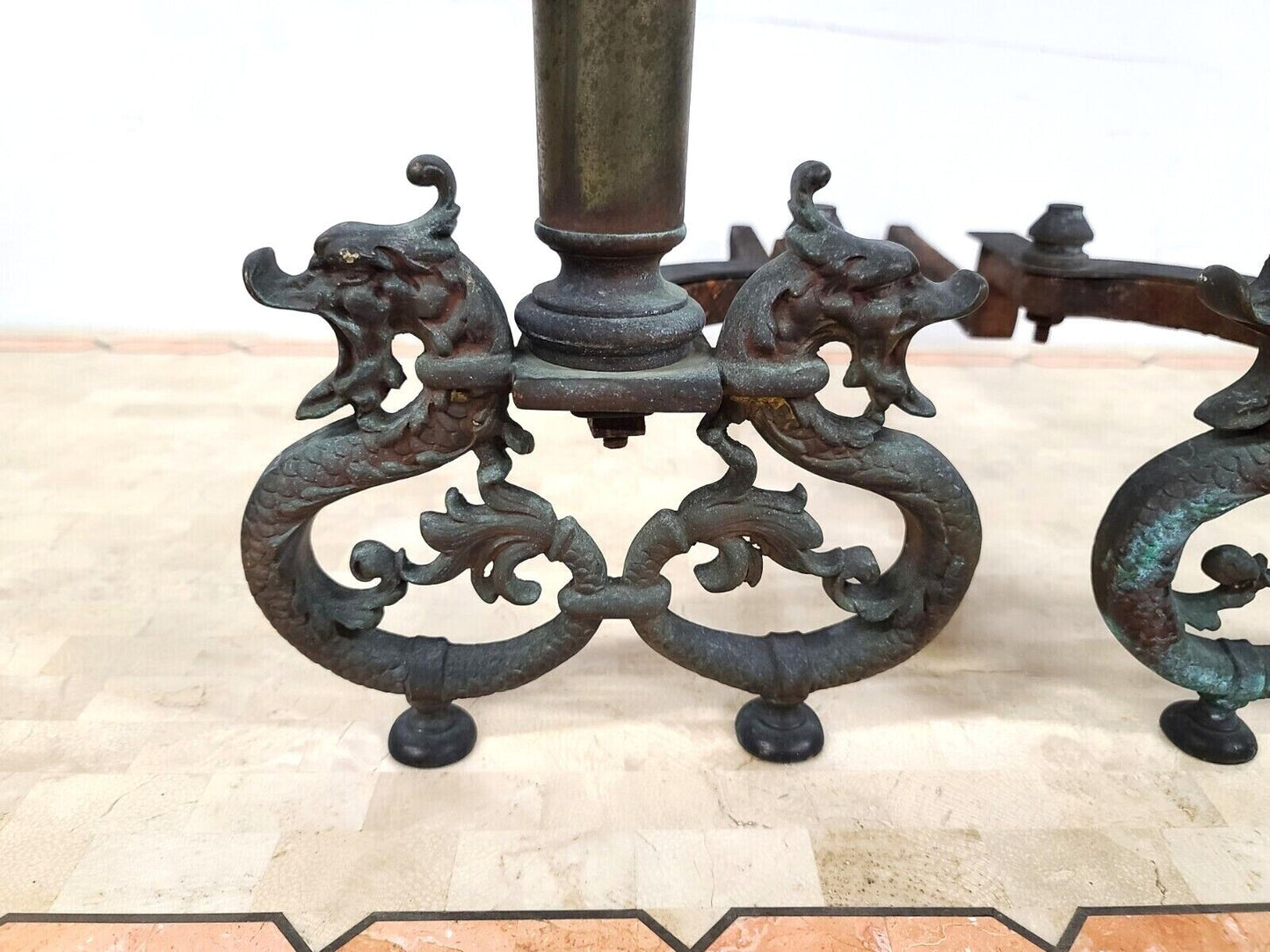 Antique Brass Dragons Fireplace Andirons - a Pair