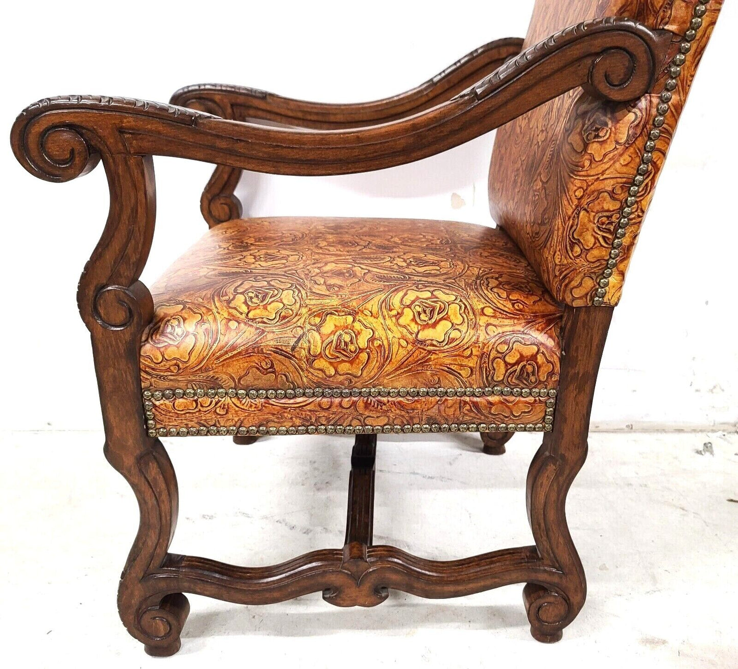 Antique French Hand Colored Tooled Leather Throne Armchair