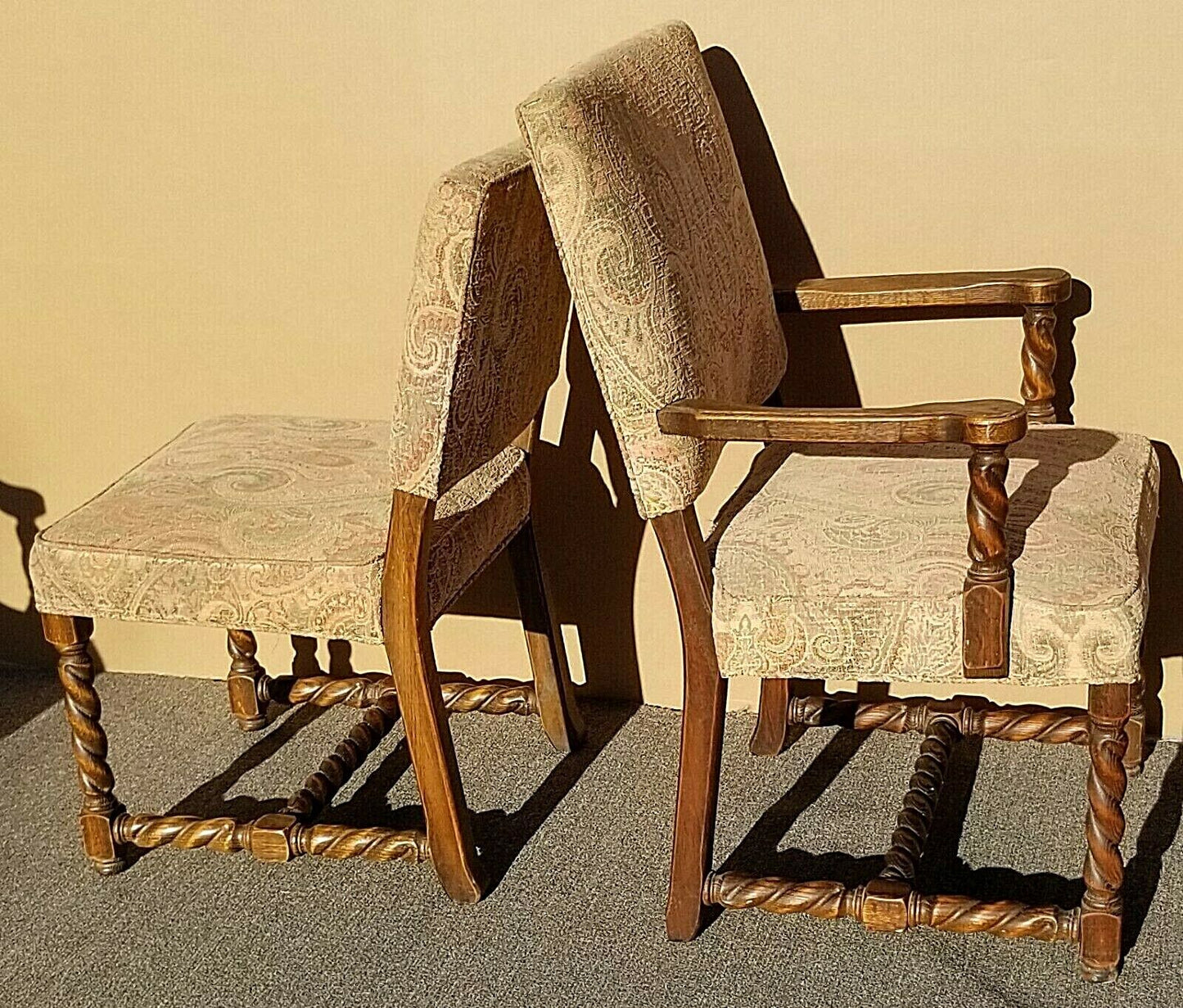 Set of 6 Antique English Oak Carved Barley Twist Jacobean Style Dining Chairs