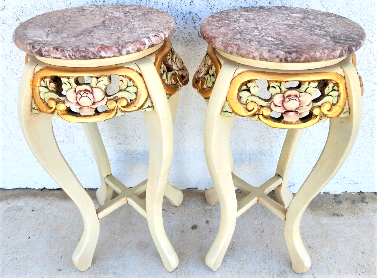 French Side Tables Gold Leaf Gilt Marble Tops