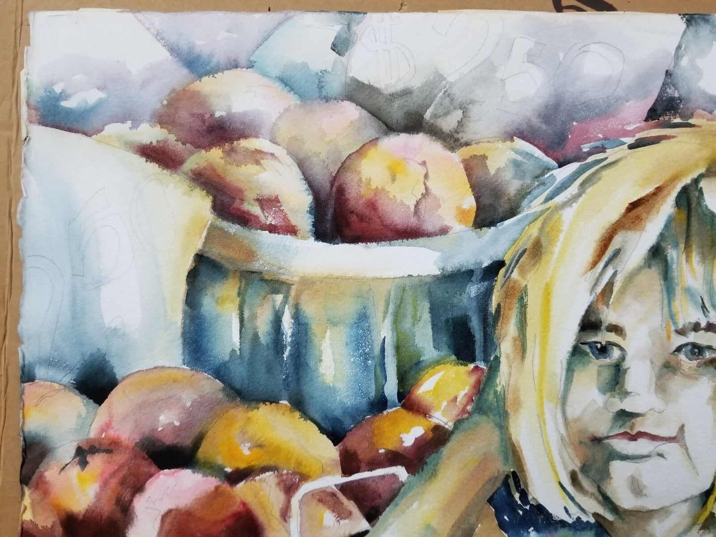 Large Original Watercolor Painting of Girl Selling Fruit Vegetables 30" x 22"