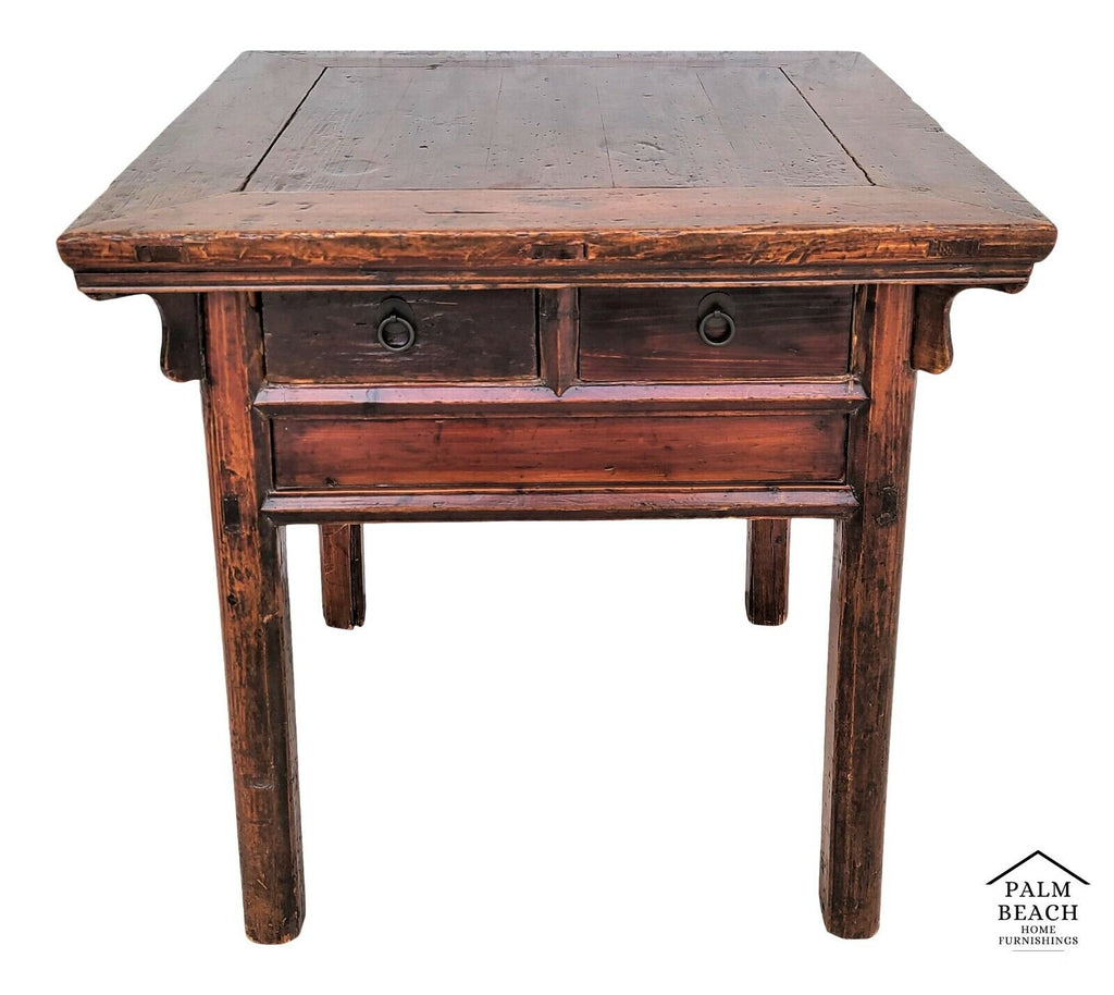 Antique Solid Wood Asian Chinoiserie 2 Drawer Side Occasional Lamp Table