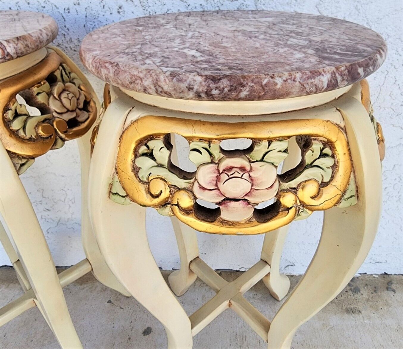 French Side Tables Gold Leaf Gilt Marble Tops