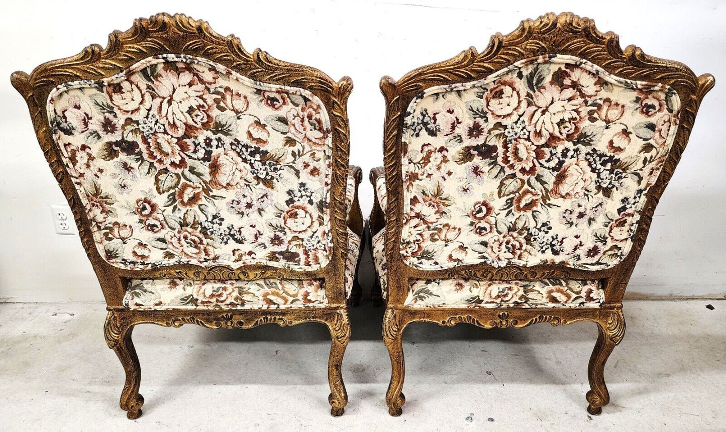 French Louis XV Rococo Giltwood Fauteuil Oversized Armchairs - a Pair