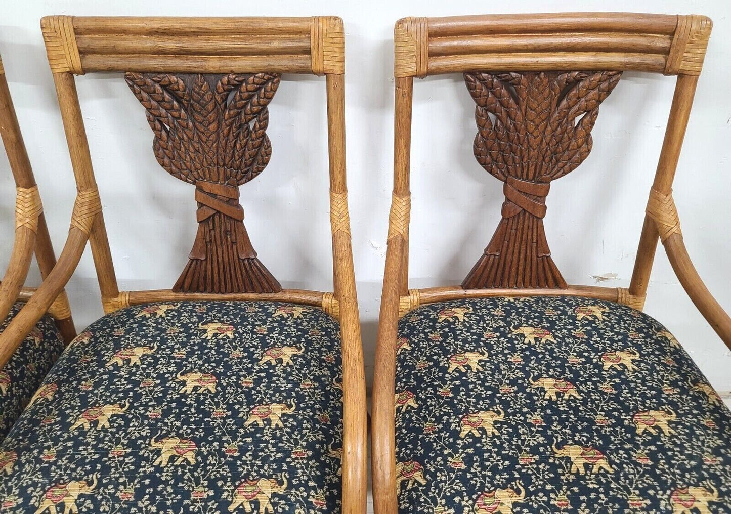 (4) Vintage Bamboo Bentwood Rattan Wheat Back Dining Armchairs