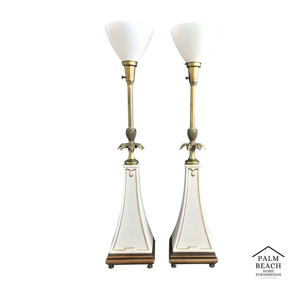 Pair of STIFFEL LENOX Obelisk Torchier Porcelain and Brass Table Lamps