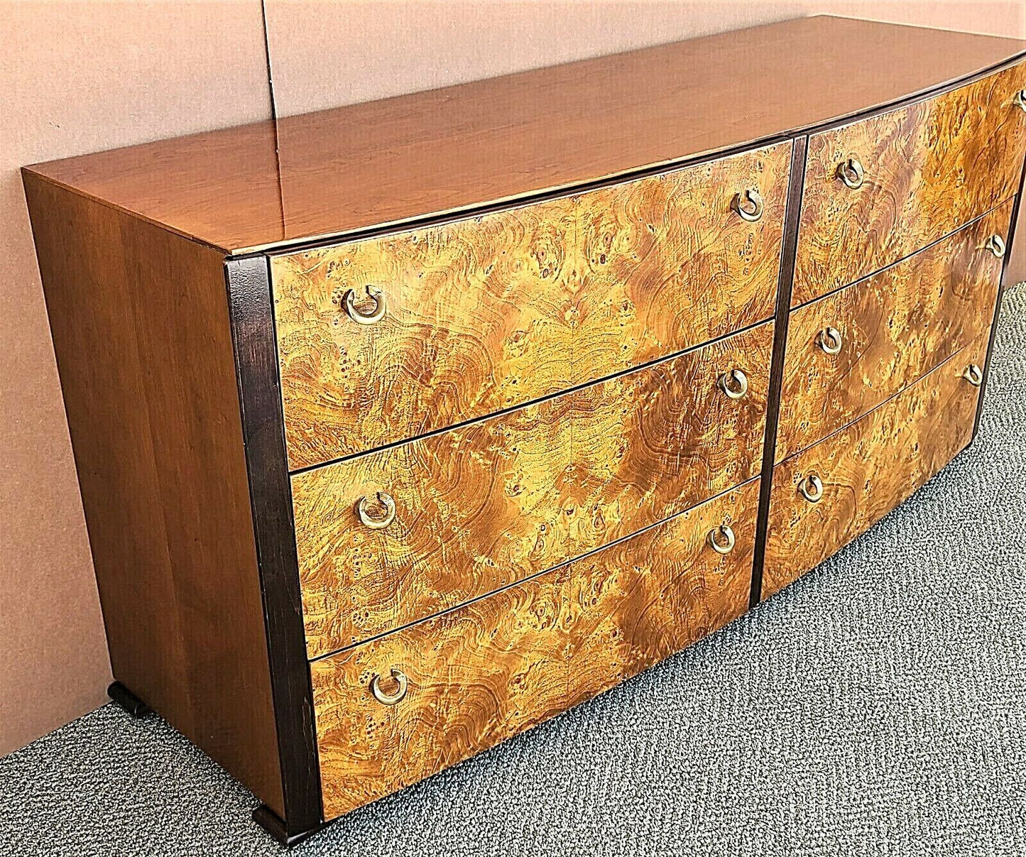 Vtg Mid Century Modern HICKORY WHITE Briar Burl Wood with Brass Pulls Dresser