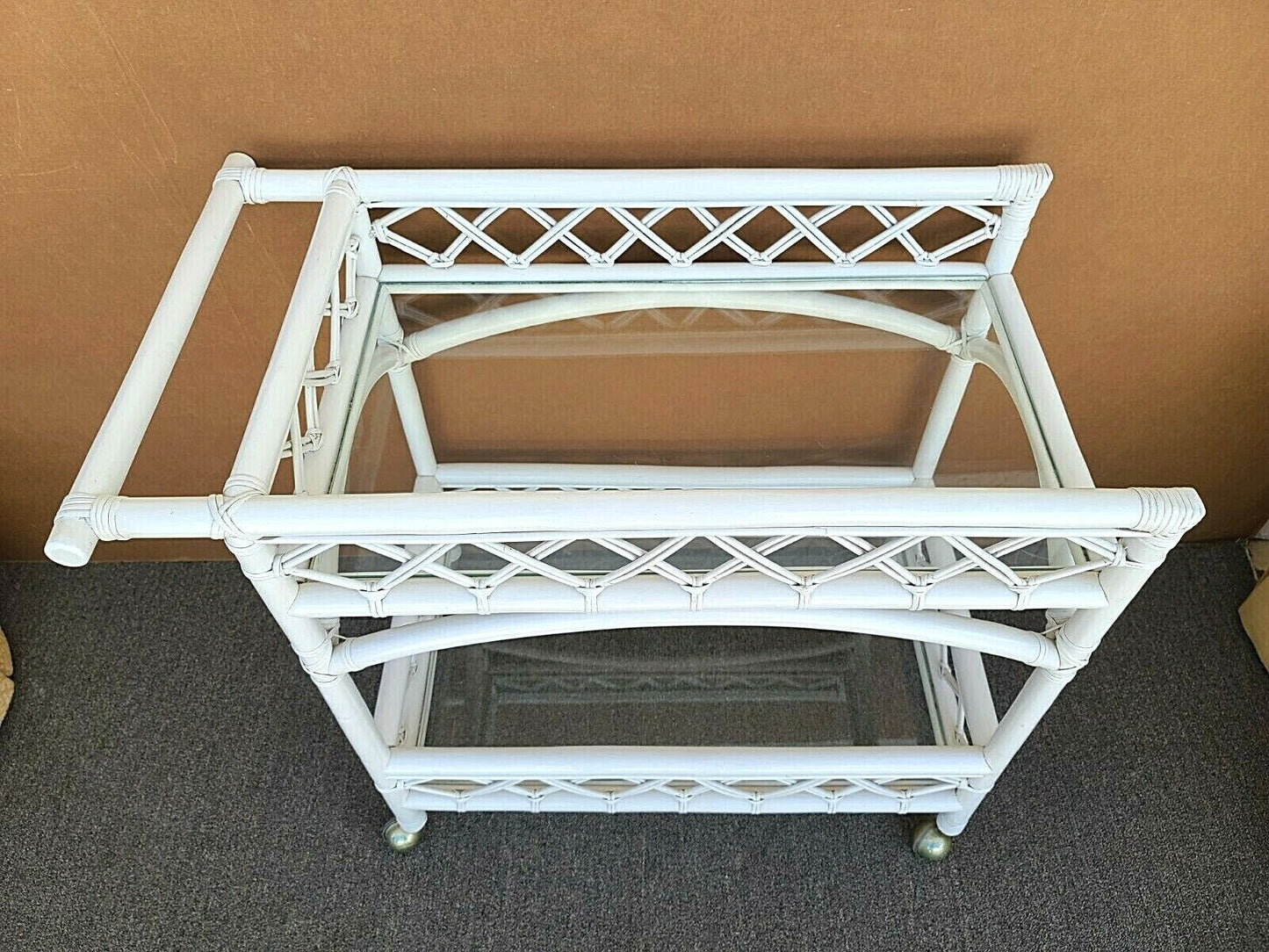 Vintage Palm Beach Coastal Bamboo & Glass 2 Tier Dry Bar Serving Cart Trolley