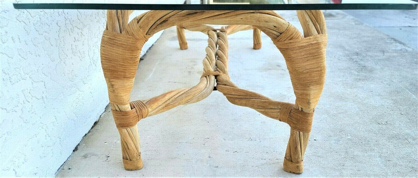 Organic Modern Coastal Twisted Braided Bentwood & Rattan Glass Top Coffee Table