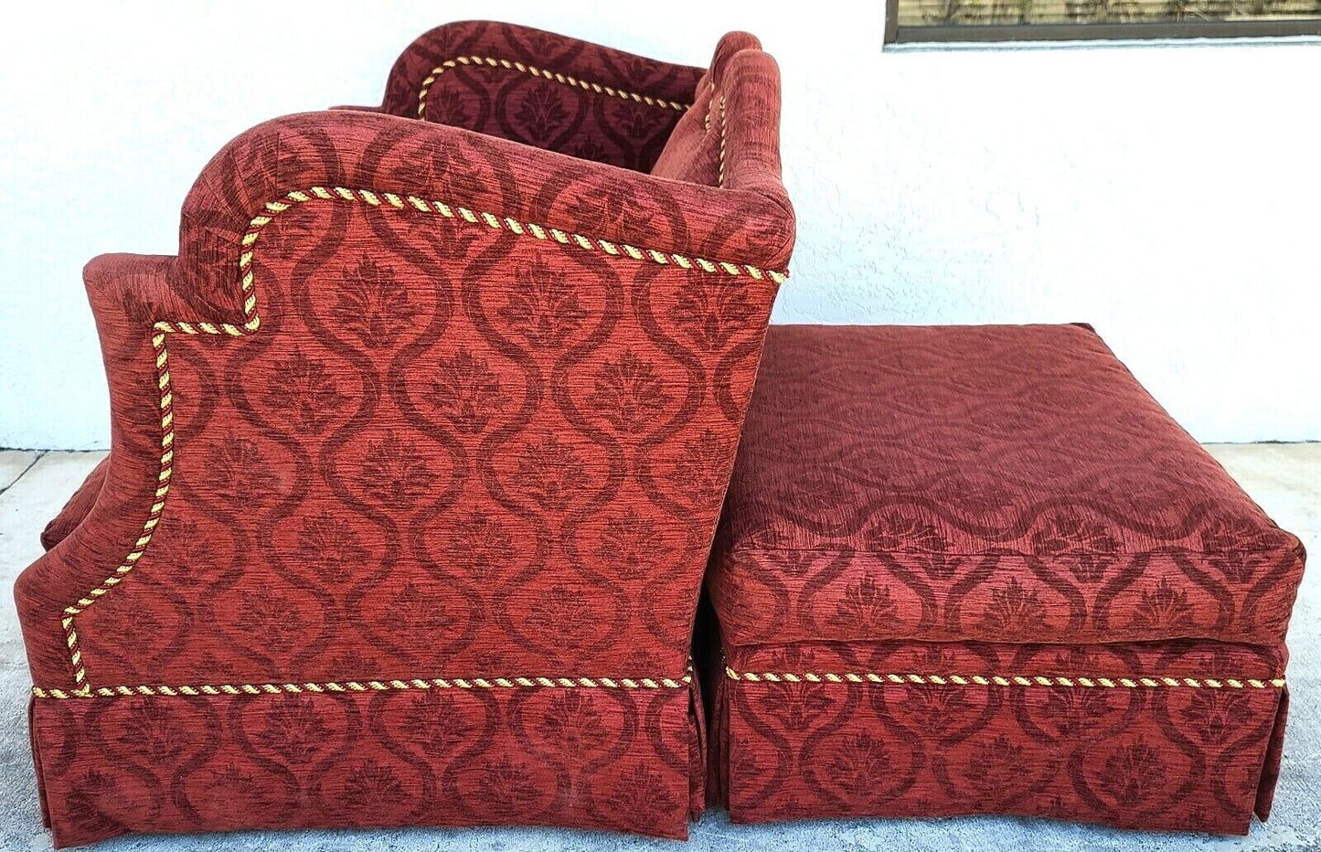 Oversized MARGE CARSON Damask Wingback Chair With Rolling Ottoman