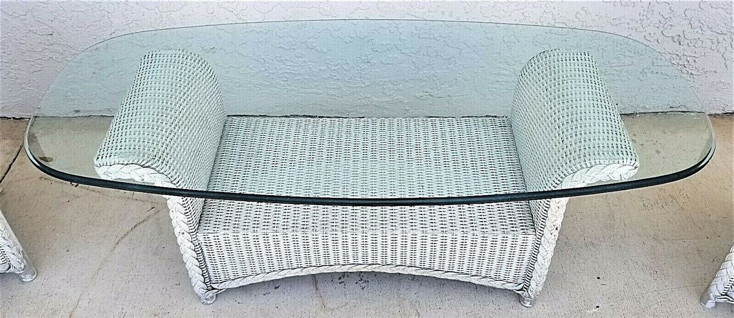 Vintage Set Of 3 LLOYD FLANDERS Loom Wicker Tables w Glass