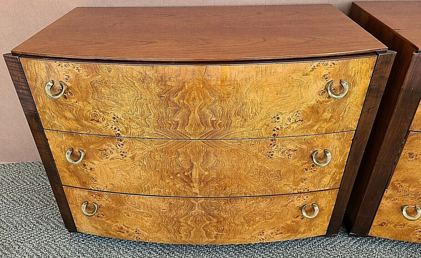 MCM Pair of Vintage HICKORY WHITE Briar Burl Wood Nightstands Chests