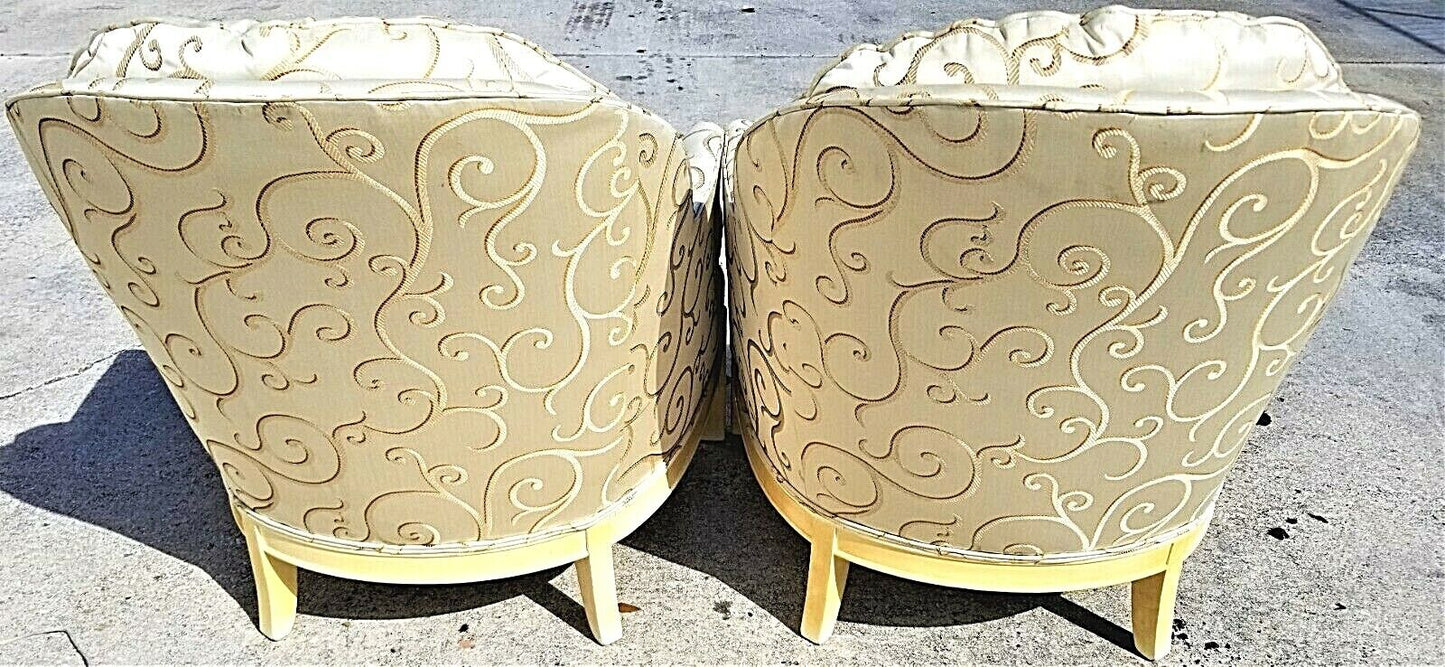 (2) Regency Asian Chinoiserie Style Tufted Barrel Back Club Lounge Armchairs