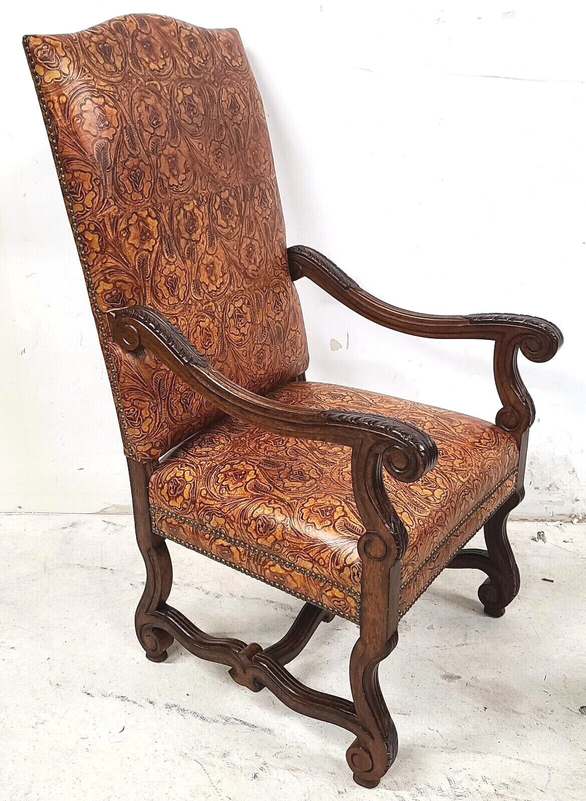Antique French Hand Colored Tooled Leather Throne Armchair