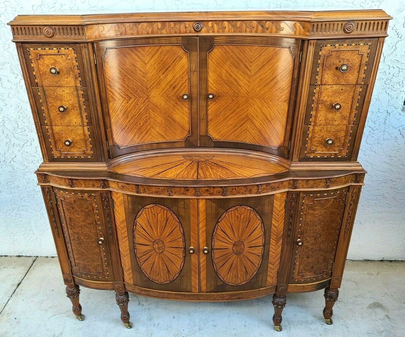 Antique c 1900 Art Nouveau Amboyna Burl Hand Carved Walnut Dresser
