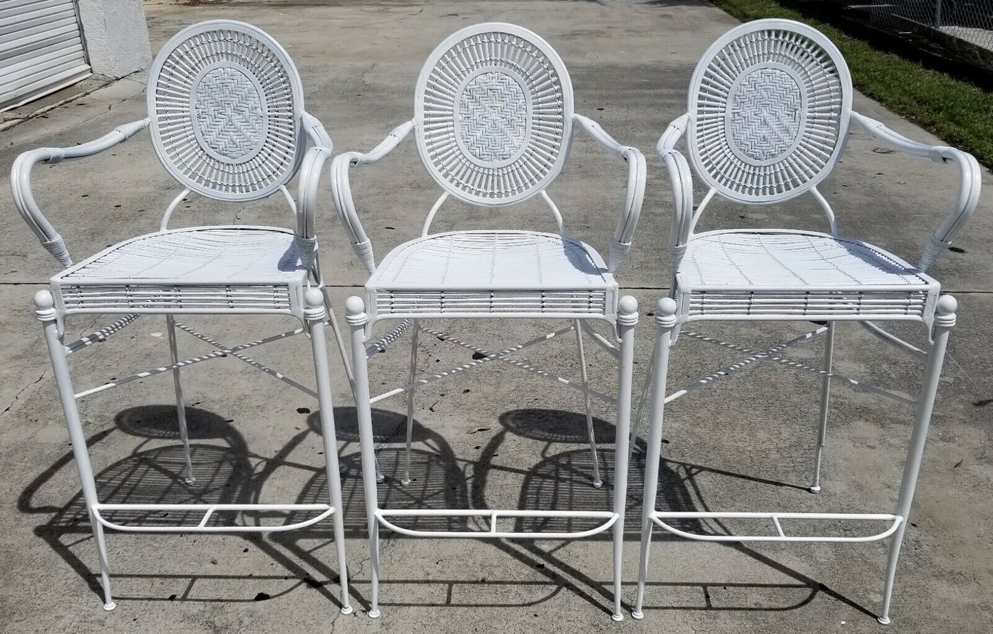 Set of 3 Palm Beach Coastal White Wrought Iron Bar Stools Bamboo Rattan Bentwood