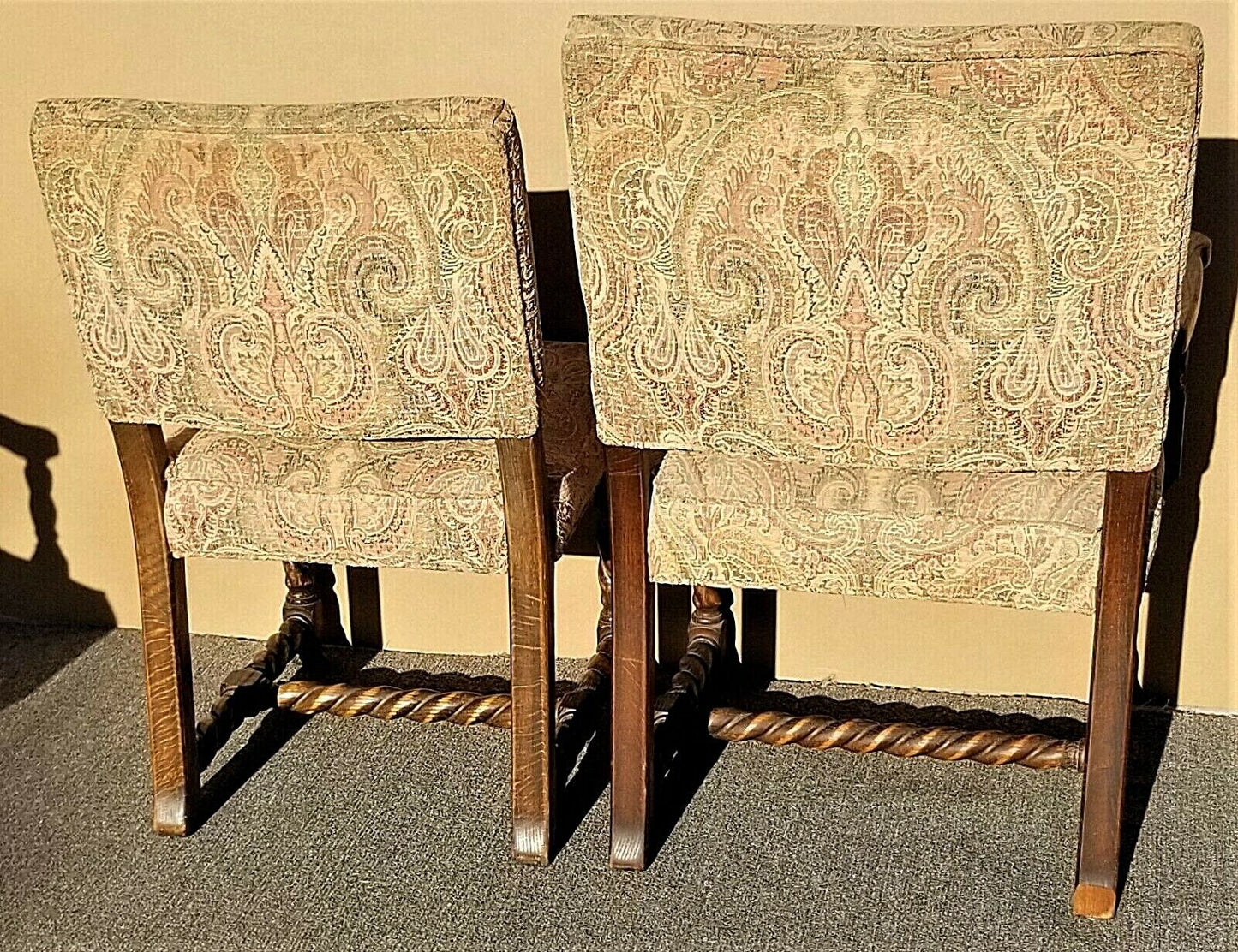 Set of 6 Antique English Oak Carved Barley Twist Jacobean Style Dining Chairs