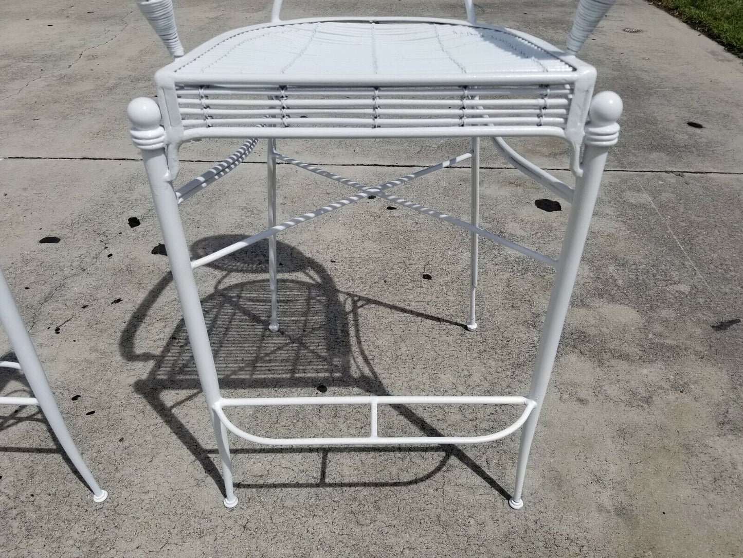 Set of 3 Palm Beach Coastal White Wrought Iron Bar Stools Bamboo Rattan Bentwood