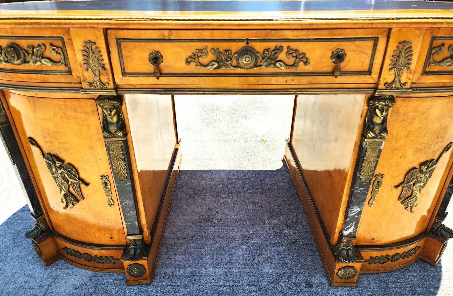 French Louis XV Style Ormolu Olive Birdseye Maple Desk