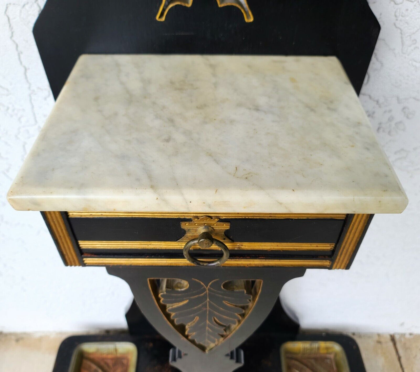 Antique M & H Solid Wood Hall Tree with Marble Top and Drawer