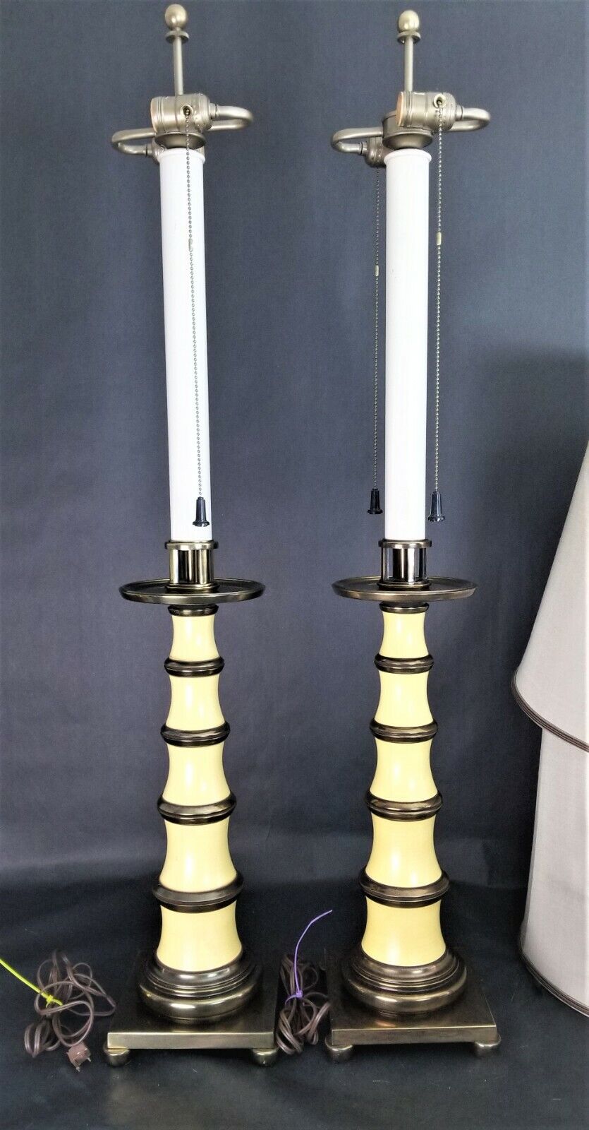 2 Vintage STIFFEL Enamel and Brass Candlestick Lamps with Dupioni Silk Shades