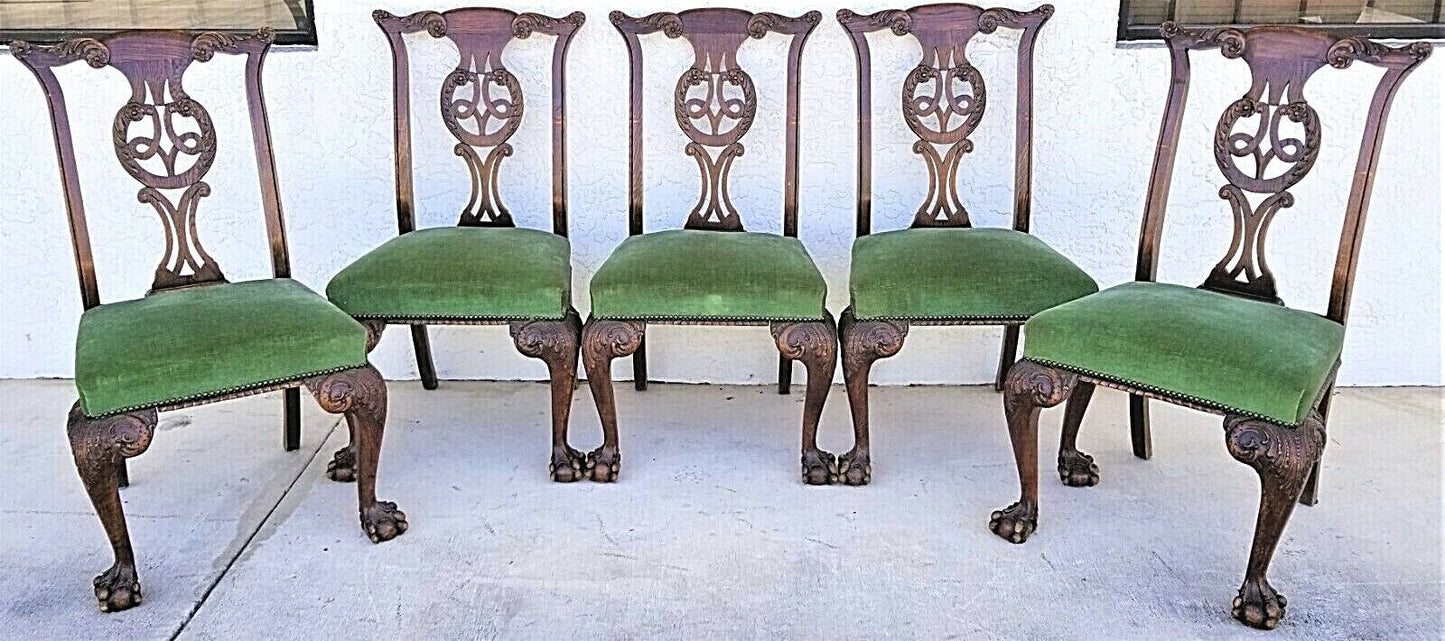 Set of 5 1800's English Oak Hand Carved Ball Claw Chippendale Dining Chairs