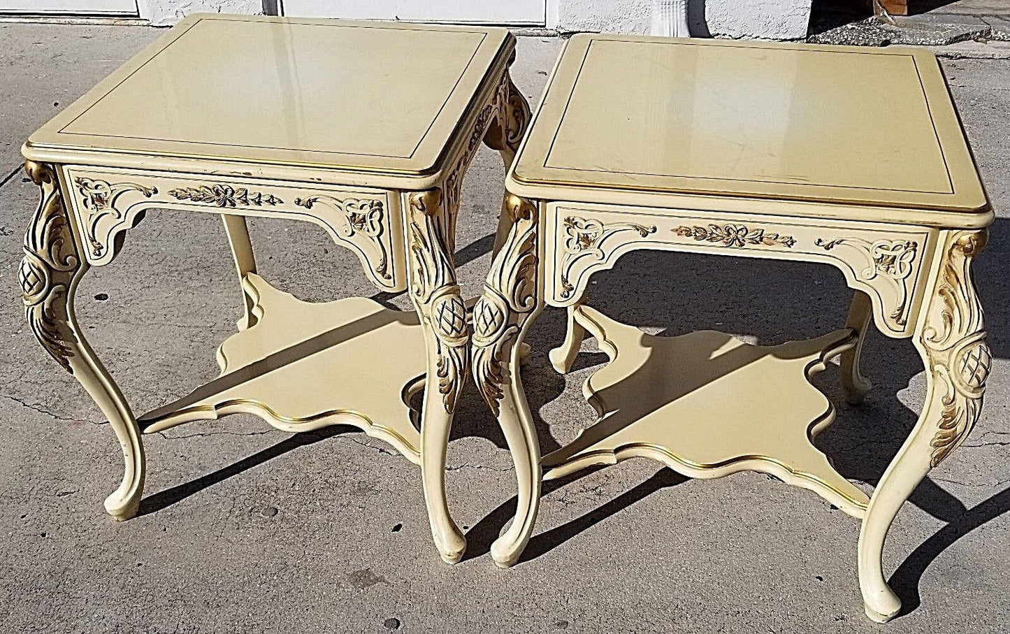 2 Vintage WHITE FURNITURE Co French Provincial Cherry End Tables Nightstands w Glass