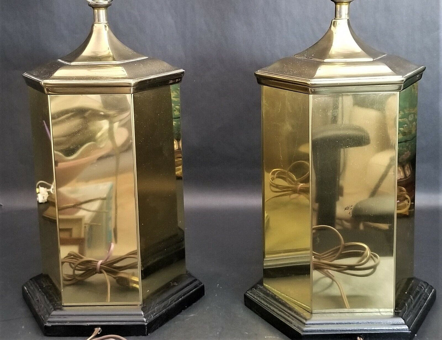 (2) Vintage Brass Asian Chinoiserie Hexagon Cannister Ginger Jar Table Lamps