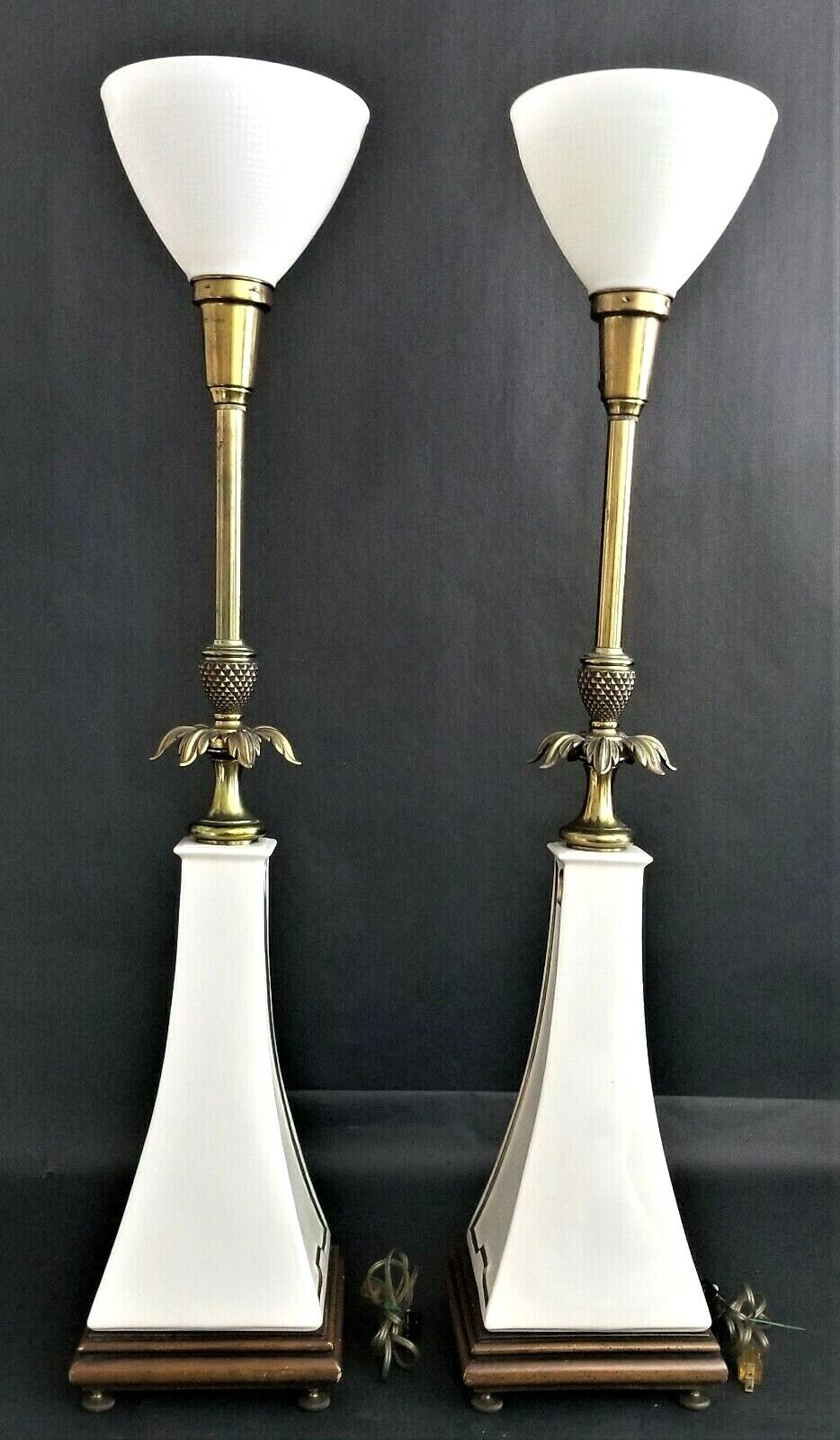 Pair of STIFFEL LENOX Obelisk Torchier Porcelain and Brass Table Lamps